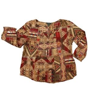 LRL Lauren Jeans‎ Co. Red Brown Southwestern Aztec Blouse Women's size Large